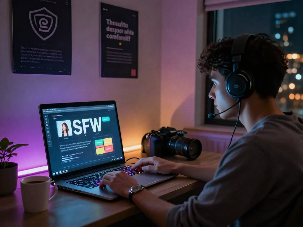User immersed in nsfw ai chat on a sleek laptop in a cozy digital environment.