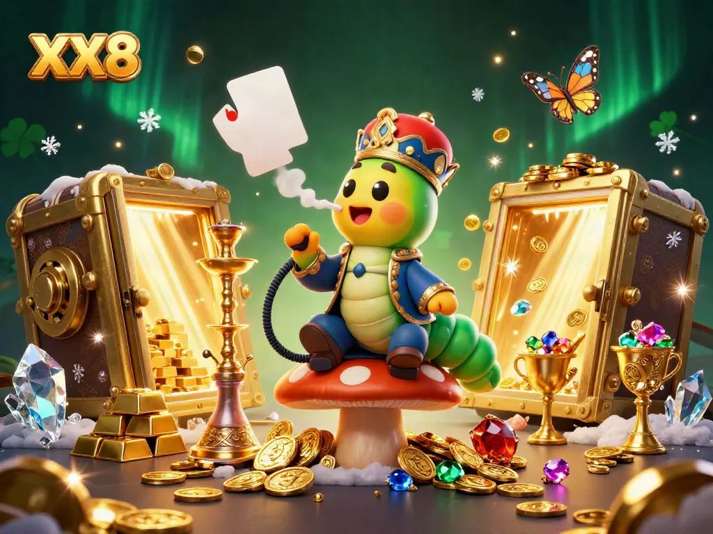 Experience thrilling gameplay with XX8 as a caterpillar hookah-master entertains from a golden throne amidst treasure.
