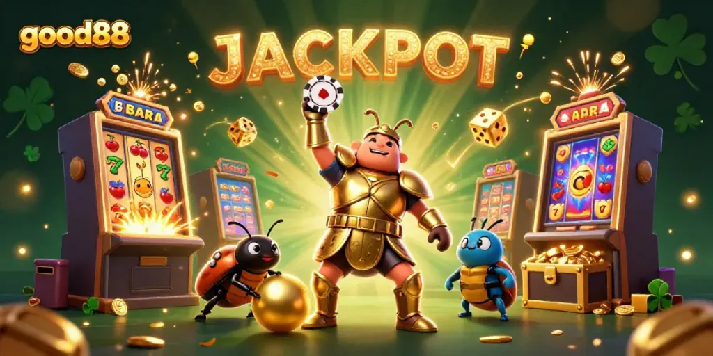 Experience the excitement of good88 with vibrant casino action featuring a victorious beetle and golden jackpot elements