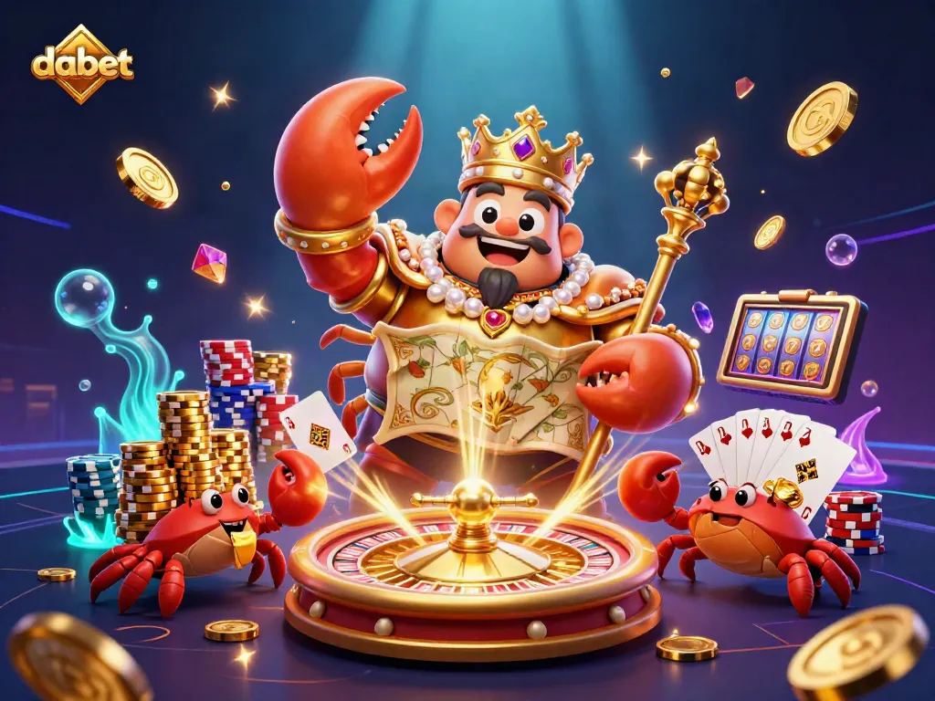 Dabet offers thrilling gaming experiences with a majestic golden crab emperor and vibrant casino elements.