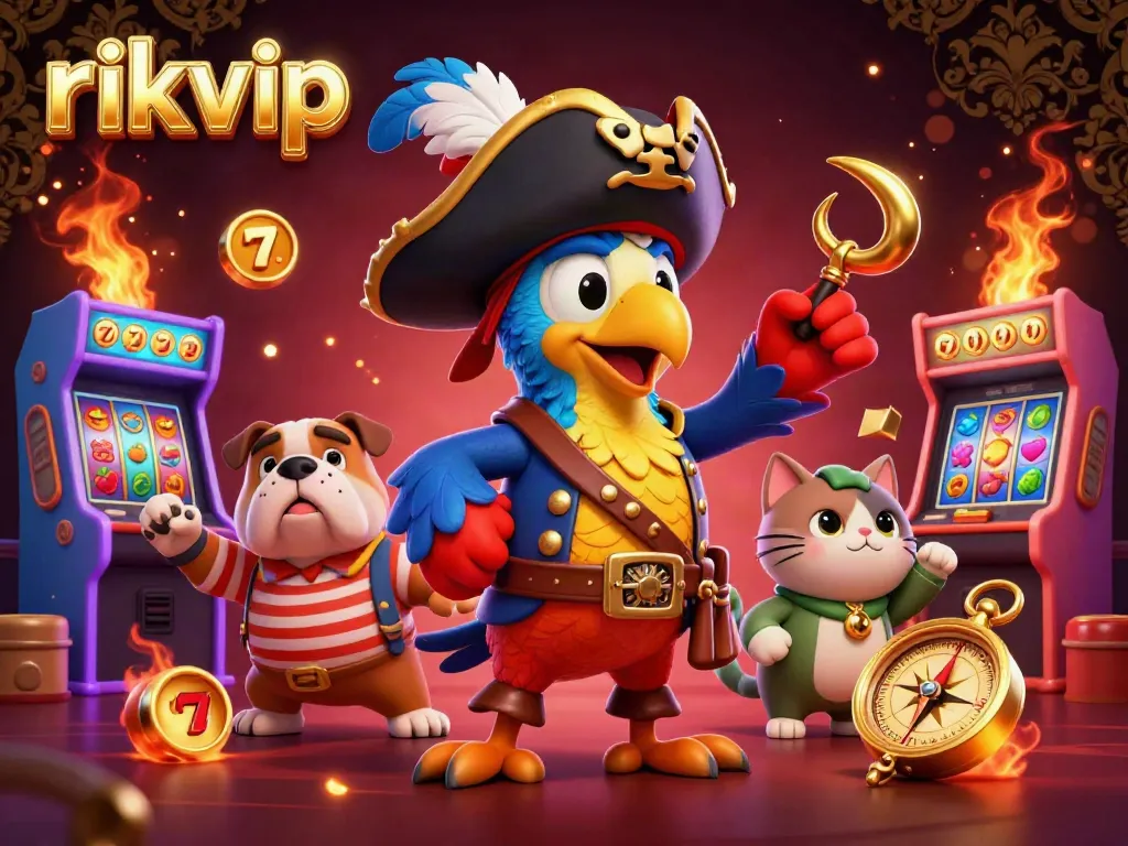 Experience the thrill of winning with rikvip's animated casino scene featuring vibrant slot games and playful characters.