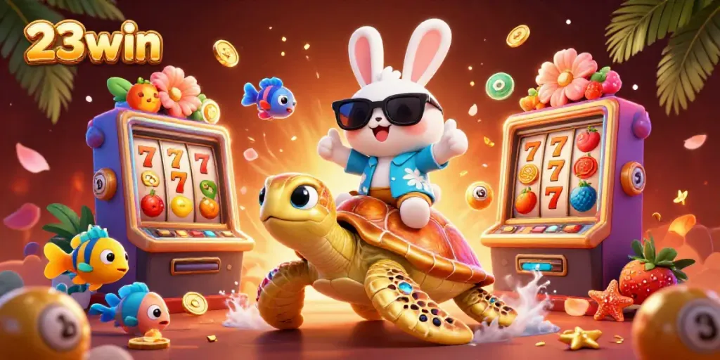 Experience the thrill of 23win with a dynamic 3D scene featuring a lucky rabbit and vibrant casino elements.