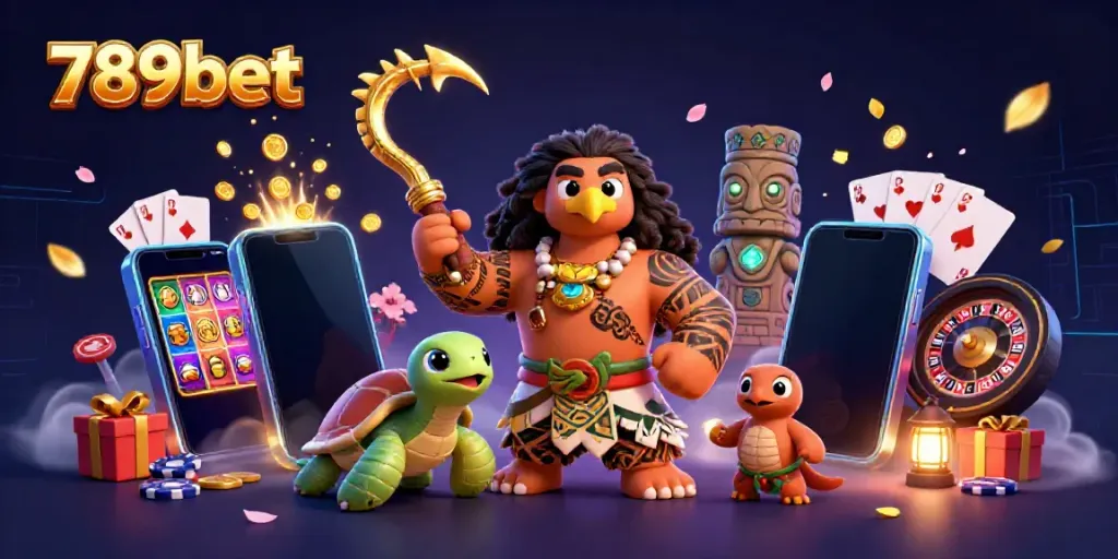 Play engaging games with 789bet, featuring vibrant scene of a demigod and turtle amidst lively casino elements.