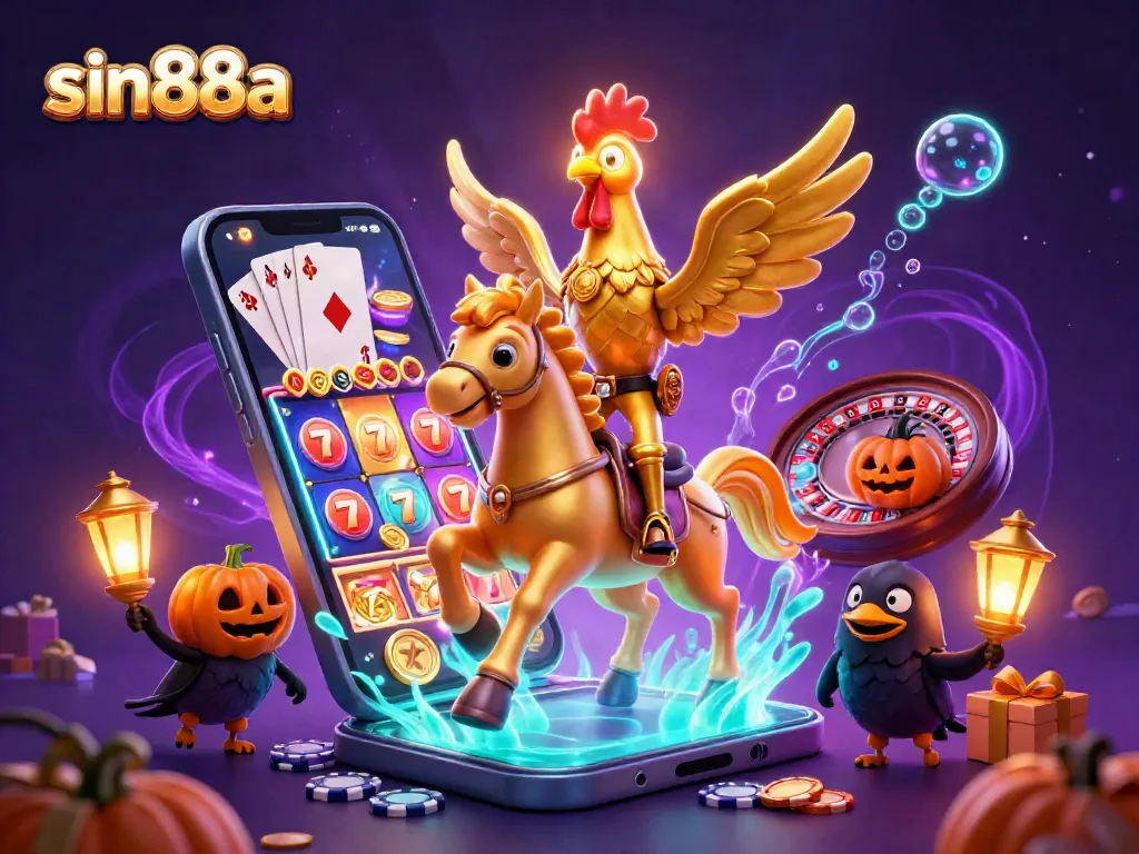 Spin the reels with sin88a in a vibrant casino scene featuring a golden rooster and rich gaming action.