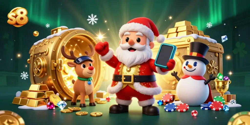 S8 players enjoy a colorful, festive casino experience with Santa and friends surrounded by treasures.