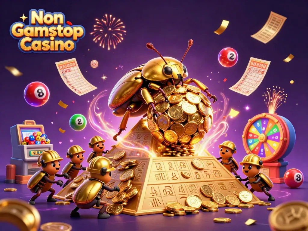 Experience excitement at Non Gamstop Casino with golden beetles rolling coin wealth and vibrant game elements.
