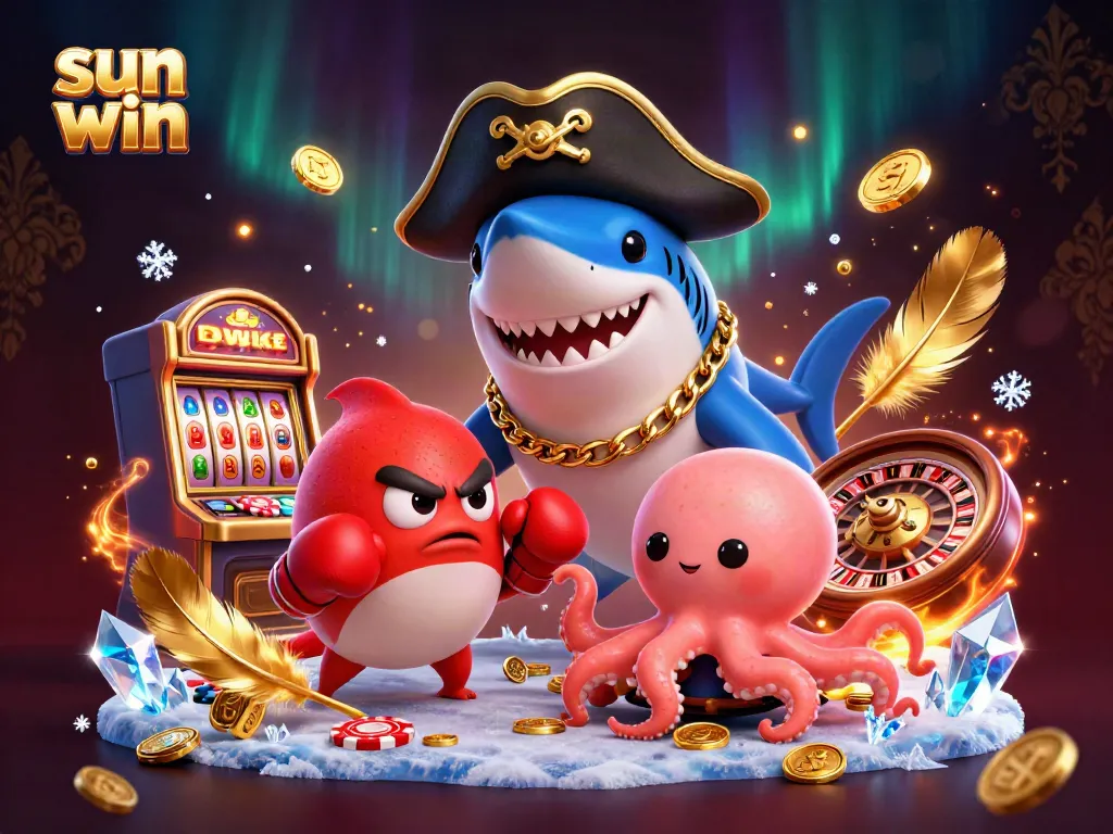 Join the excitement at sun win as a cartoon pirate shark and an octopus celebrate big wins in a vibrant casino.