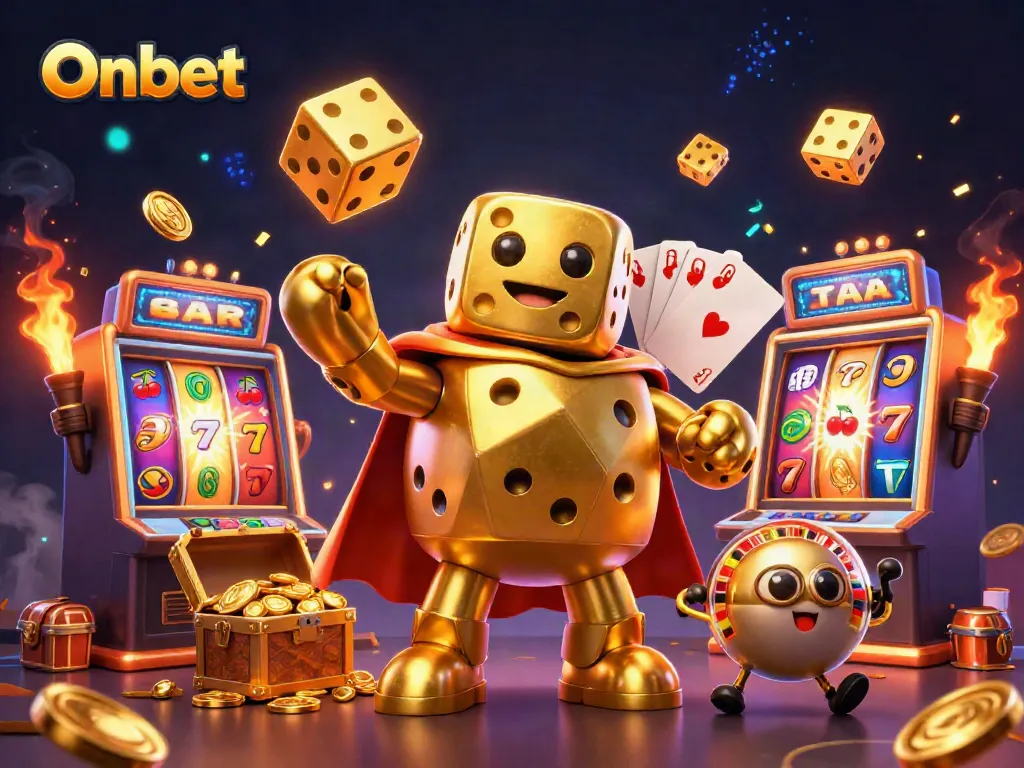 Onbet's vibrant 3D illustration showcasing golden dice golem amidst a dazzling casino scene.