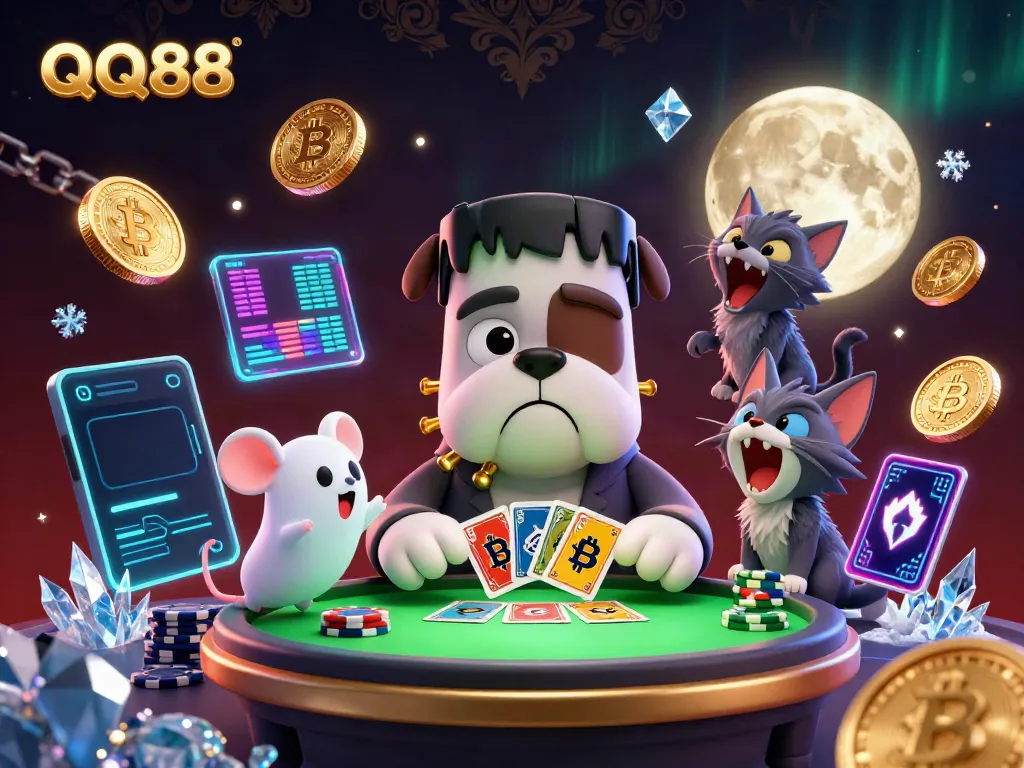Experience thrilling gambling action at QQ88 with a playful monster and shimmering coins.