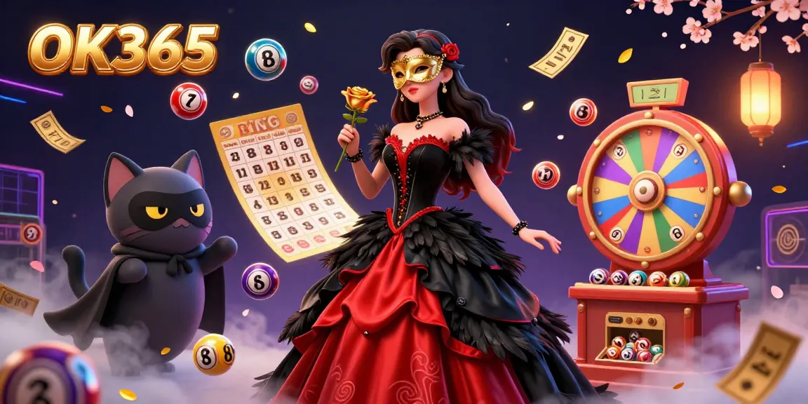 Engage in thrilling gambling activities with OK365's vibrant illustrated scene showcasing dynamic lottery elements.