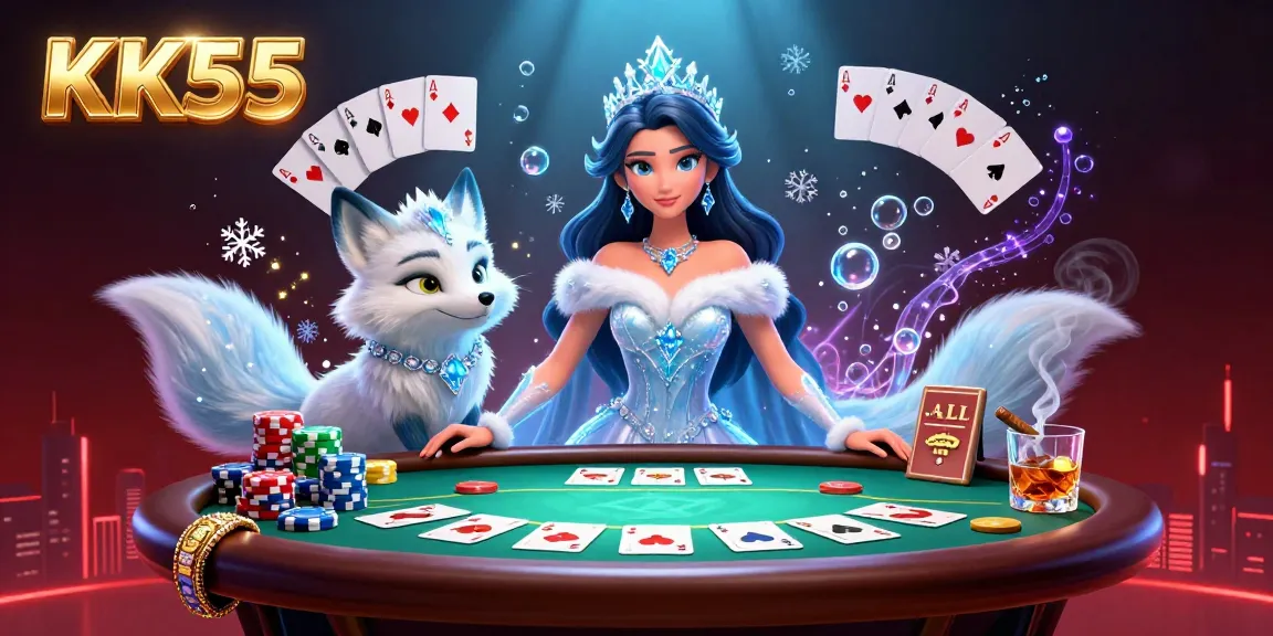 Experience thrilling gameplay at KK55 with a glamorous setting featuring poker elements and vibrant casino life.
