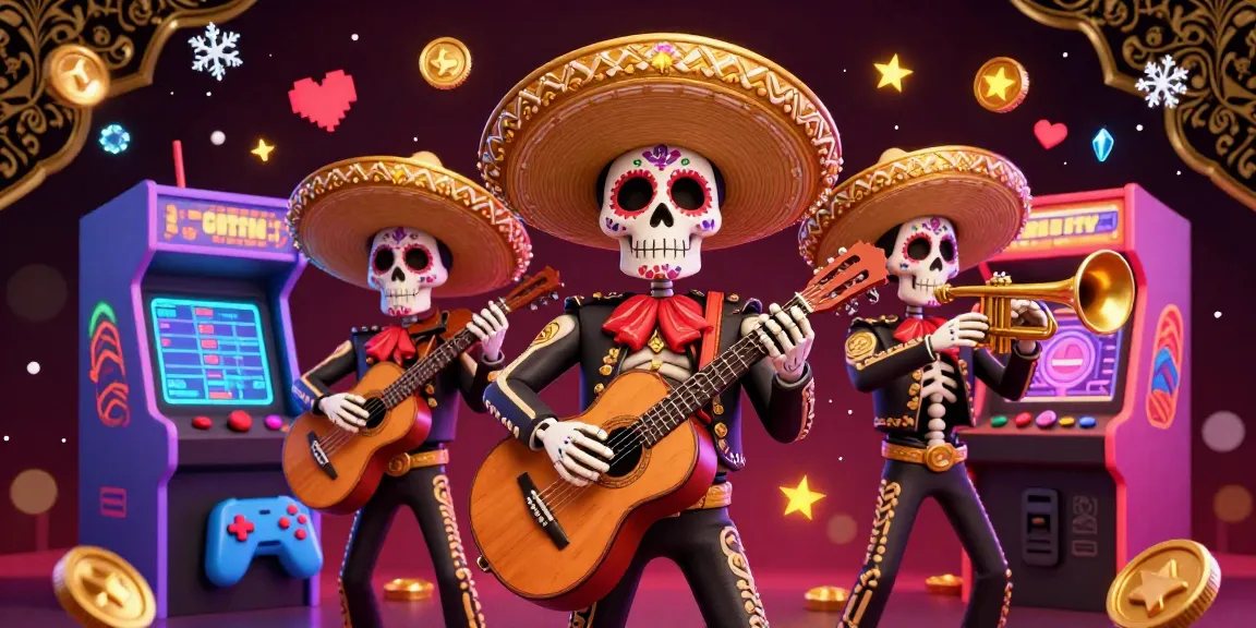 Play ดูหนังออนไลน์ฟรี casino-themed 3D illustration with vibrant skeleton mariachi band and game elements.