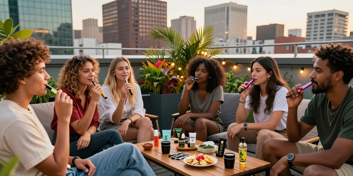 Friends using stylish weed pens on a rooftop terrace during sunset.