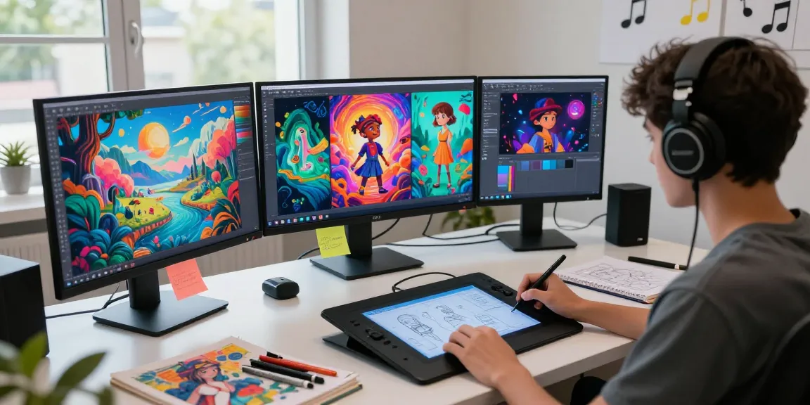 Artist creating digital art using juicy ai tools in a vibrant studio