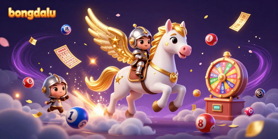 Bongdalu showcases a celestial scene with dynamic lottery elements and a whimsical knight on a winged horse.