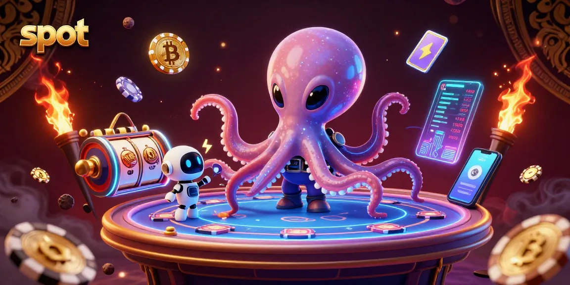 Spin the slot reels with an alien octopus and a robot companion in this vibrant digital casino scene.
