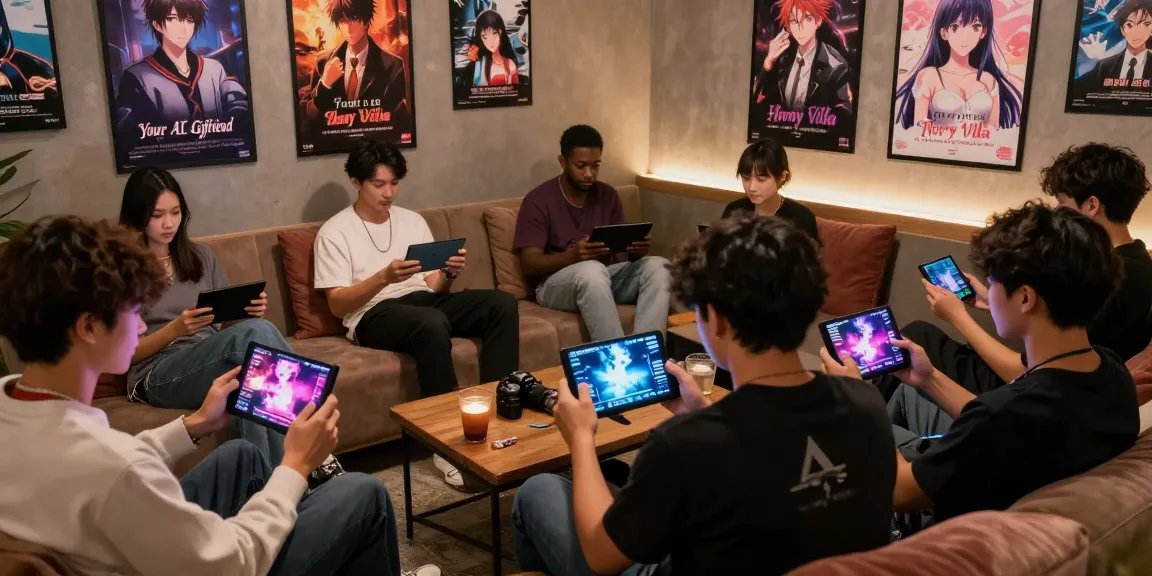 Gamers engaging with lewdspot adult visual novel games on mobile devices in a cozy lounge.