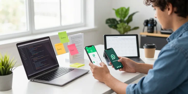 WhatsApp下載 setup in a modern workspace with devices and vibrant decor.