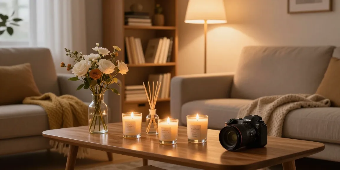 Scented Candles and Diffusers beautifully arranged in a cozy living room, creating a warm and inviting ambiance.