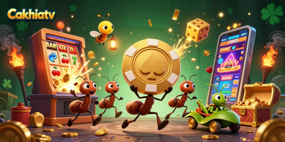 Cakhiatv showcases a vibrant 3D heist scene with ants, poker chips, and exciting casino elements.
