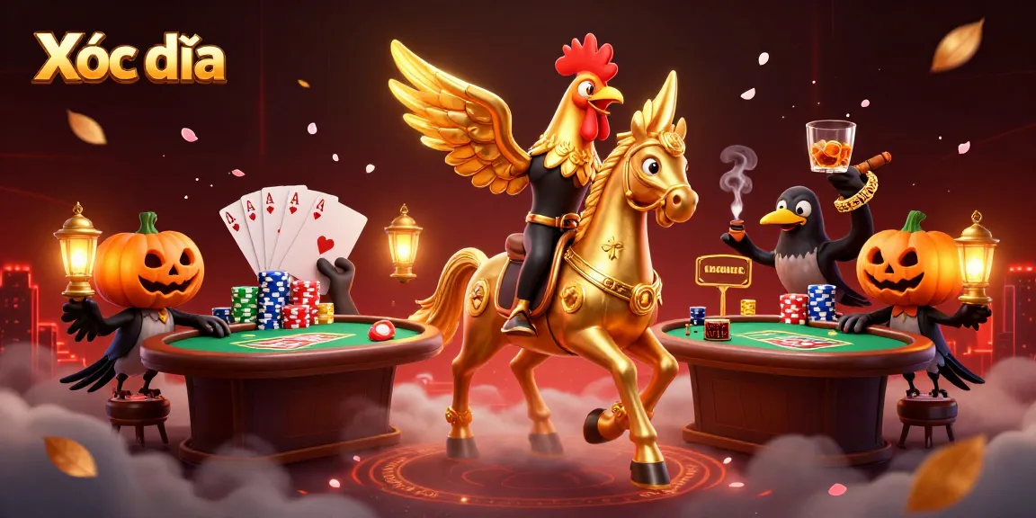 Experience thrilling Xóc đĩa action with a golden rooster and pumpkin-headed companions in a dynamic casino scene.