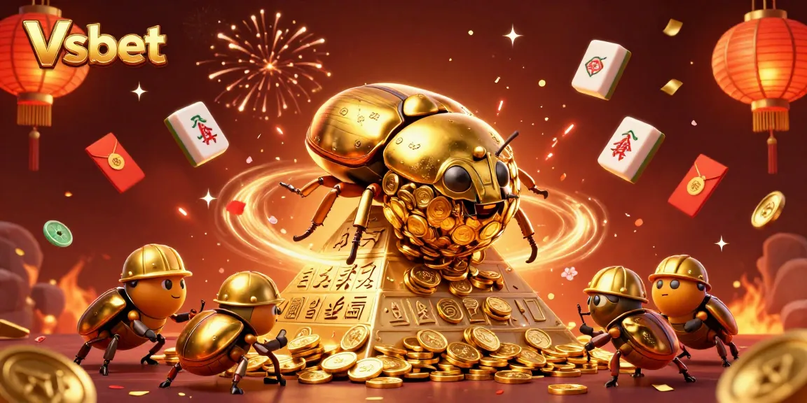 Win big at Vsbet with 3D casino adventure featuring golden beetles, coins, and lucky symbols.