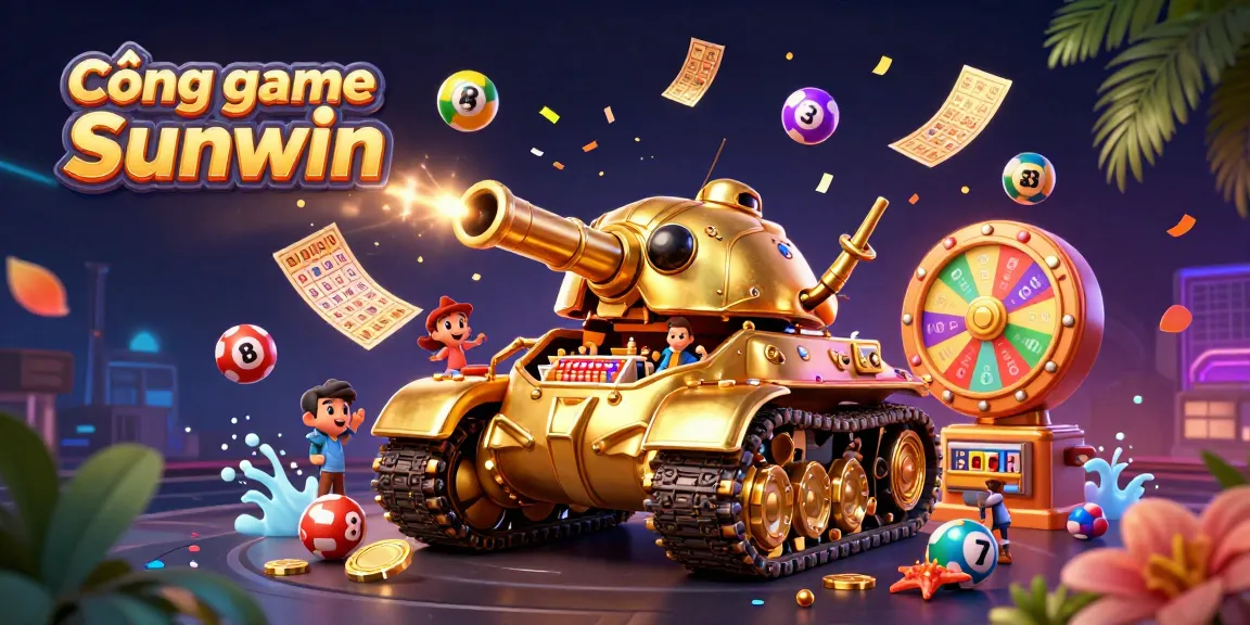 Cổng game Sunwin showcases a vibrant 3D casino scene with lively characters, lottery elements, and dynamic action.