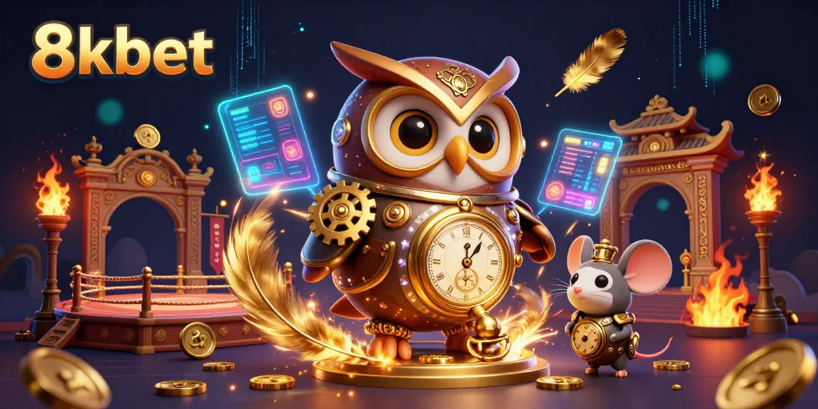 Experience thrilling gameplay at 8xbet with a vibrant illustration of a time-traveling owl and gambling elements.