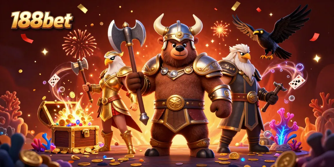 Experience thrilling action with 188bet as a Viking and Valkyrie celebrate casino wins amidst vibrant game elements.