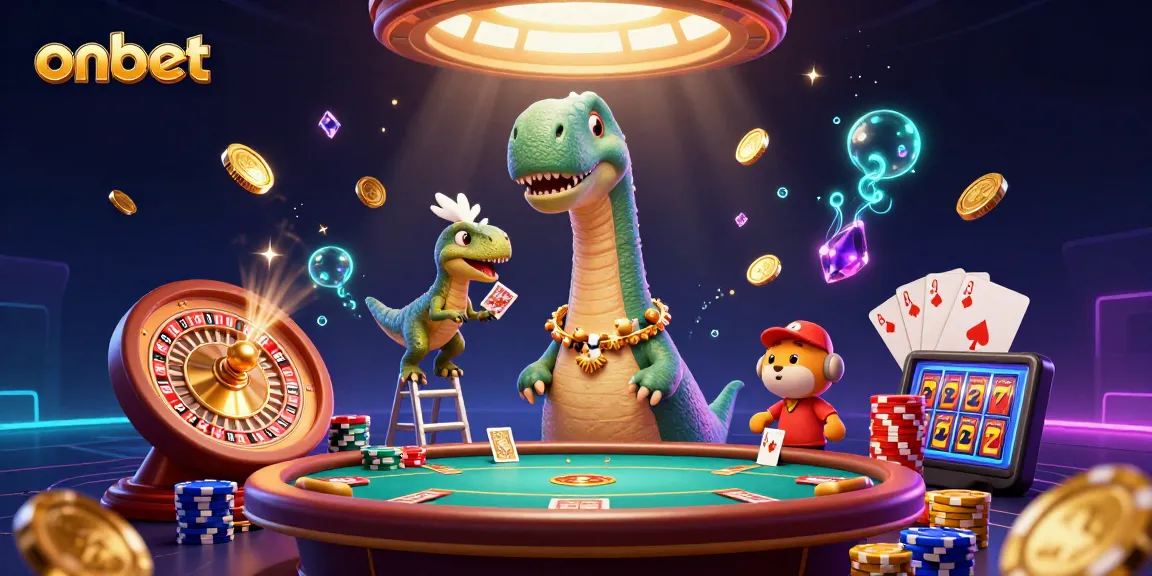 Experience exhilarating gaming at onbet with a whimsical 3D casino scene filled with vibrant characters and elements.