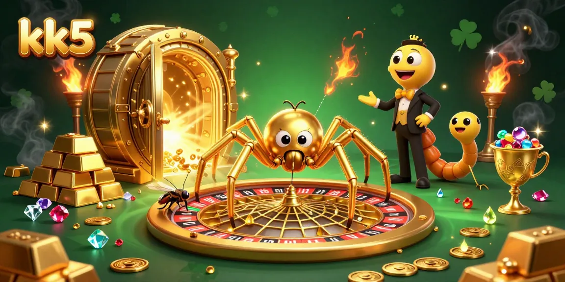 Place bets at kk5 while enjoying a 3D spider and croupier in a lavish casino scene.