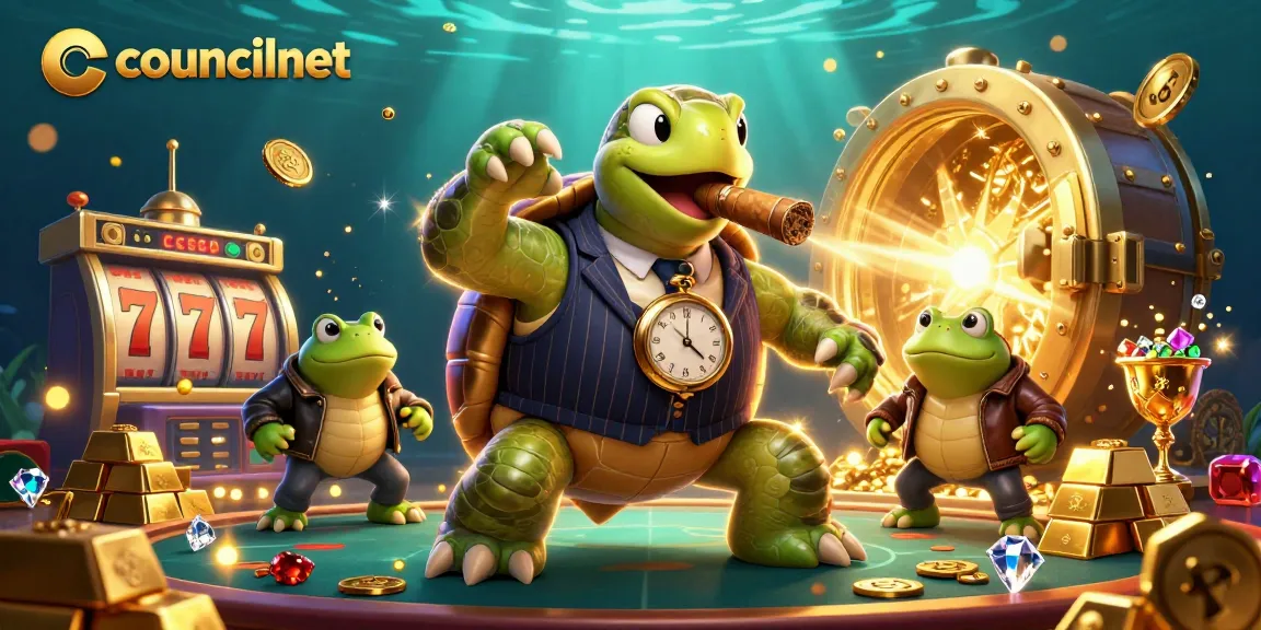 Councilnet players roll high with a vivid 3D casino illustration featuring a snapping turtle and bullfrogs in lively action.