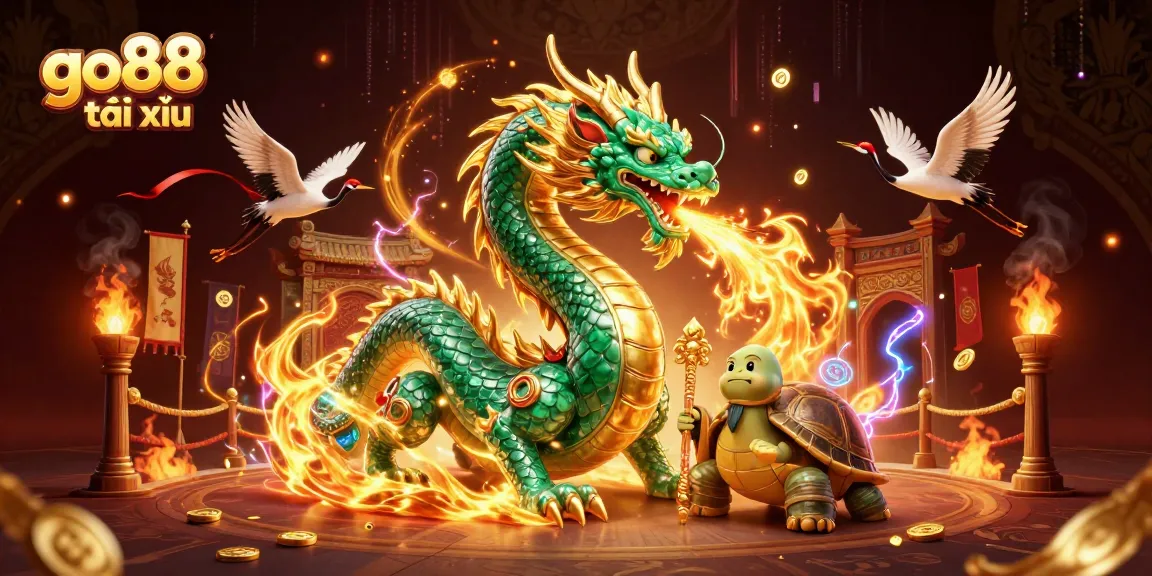 Engage with go88 tài xỉu in this vibrant 3D scene featuring a jade dragon and lucky cranes.