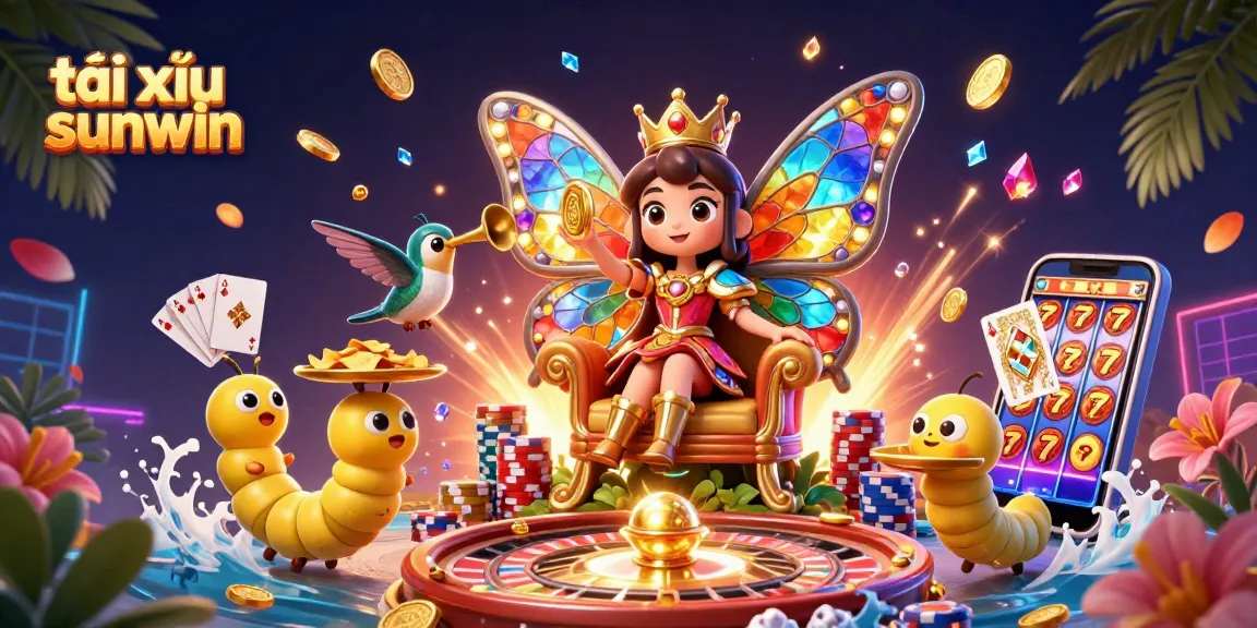 Experience the excitement of tài xỉu sunwin with a vibrant casino scene featuring a butterfly queen and dynamic gaming elements.