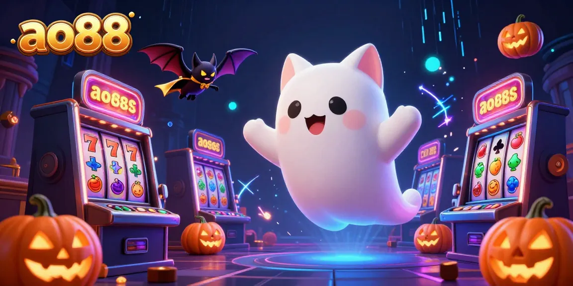 Experience the enchanting world of ao88 with a playful ghost cat and vampire bat in a haunted casino setting.