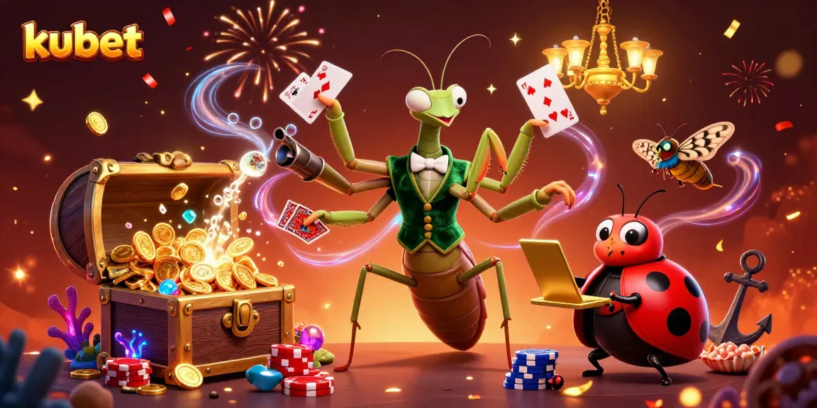Kubet casino 3D illustration depicting a playful mantis card sharp with a ladybug pit boss in a colorful gambling scene.