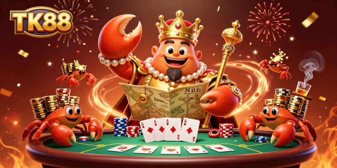 Engage in thrilling poker action with TK88's colorful 3D golden crab emperor and vibrant casino elements.