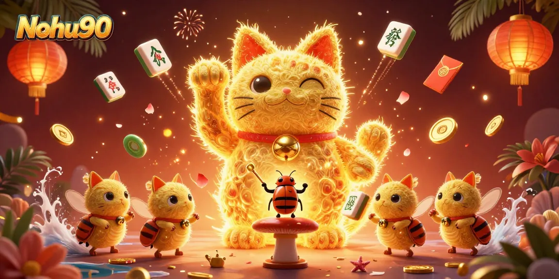 Nohu90 offers a vibrant casino experience, showcased by a lucky cat figure illuminated with golden details.