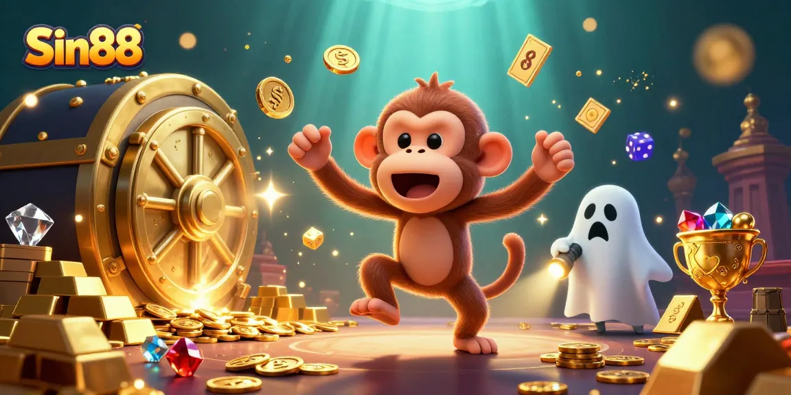 Sin88's thrilling atmosphere captured with a playful poltergeist monkey and ghost-hunter puppy in a dynamic casino scene.