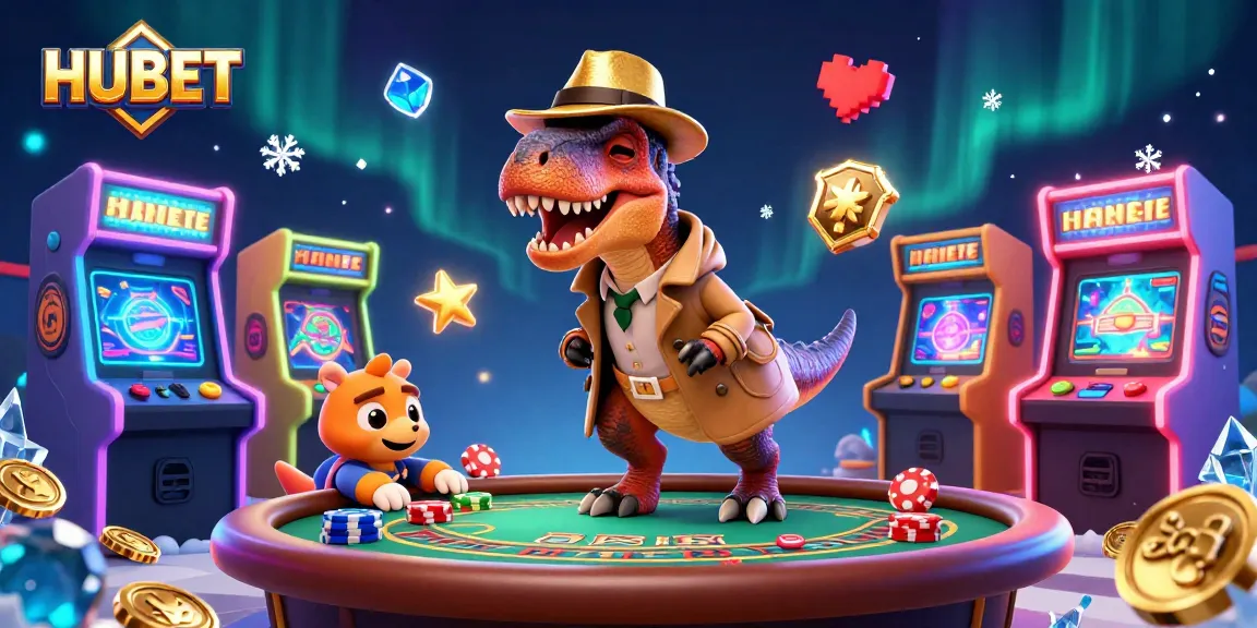HUBET enhances gaming excitement with a vibrant scene featuring a velociraptor card counter and dynamic casino elements.