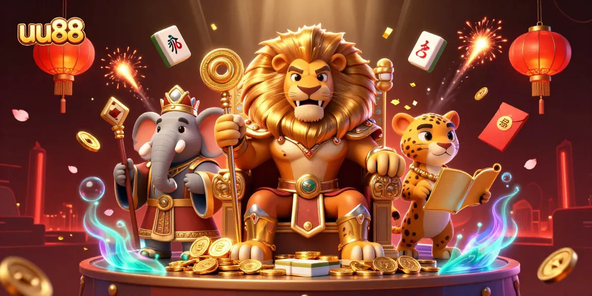 Experience authentic gameplay at uu88 with a regal lion king, clever cheetah, and wise elephant in a vibrant casino scene.