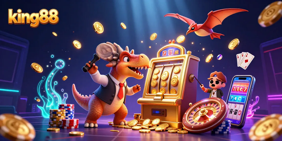 Experience jackpot wins at king88 with a pachycephalosaurus and casino characters in action.