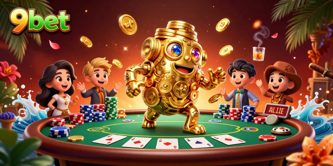 Engage with thrilling poker action at 9bet with a golden golem surrounded by vibrant casino elements.