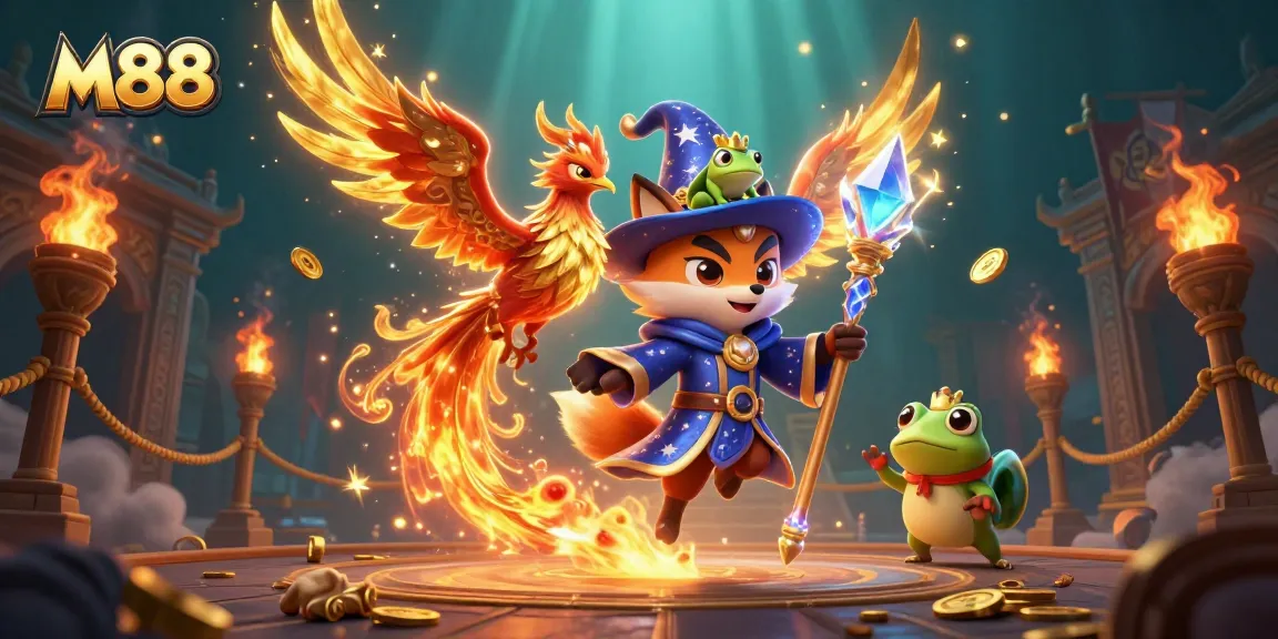 M88 gamblers betting in a rich 3D illustration with fire and phoenix elements.