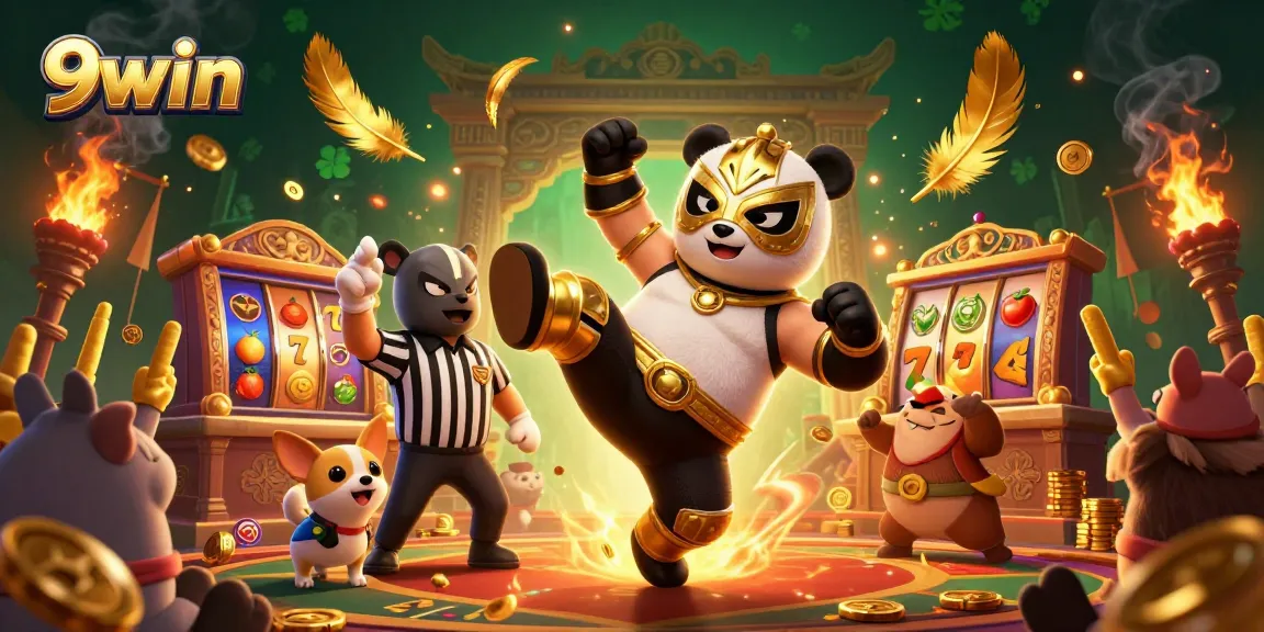 Experience the thrill of 9win with an exciting match featuring a wrestler panda and cheering animal fans.