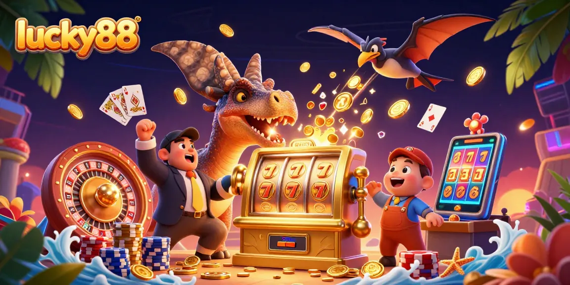 Win big with lucky88 as a dinosaur scores jackpot coins and more in a vibrant casino scene.